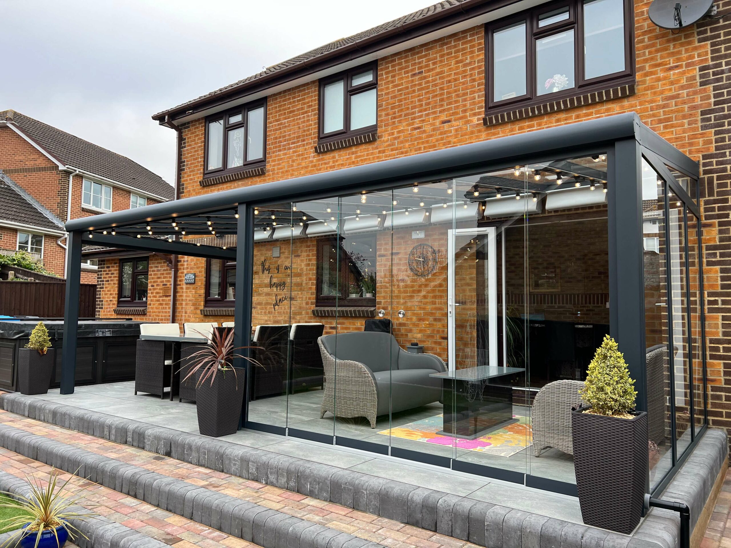 Veranda on back of house with glass sliding door option